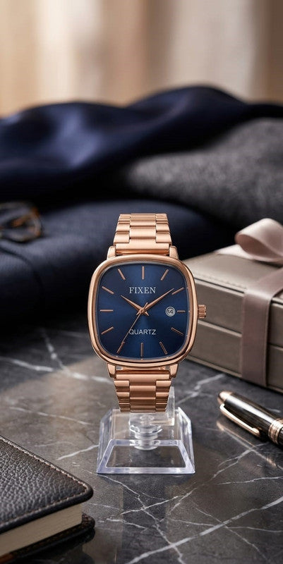 FIXEN Men's Vintage Square Quartz Watch – Blue Dial with Rose Gold Stainless Steel Link Bracelet