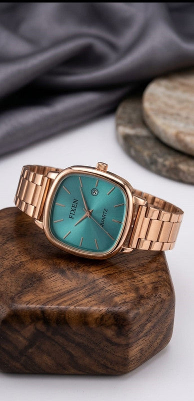 Fixen Classic Square Series: Rose Gold & Turquoise Analog Watch