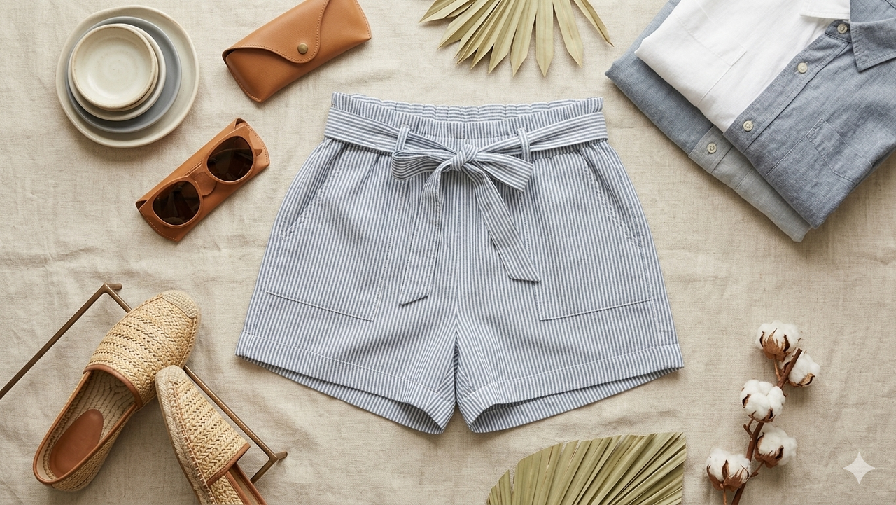 Striped High-Rise Paperbag Shorts with Tie Belt : Size 32