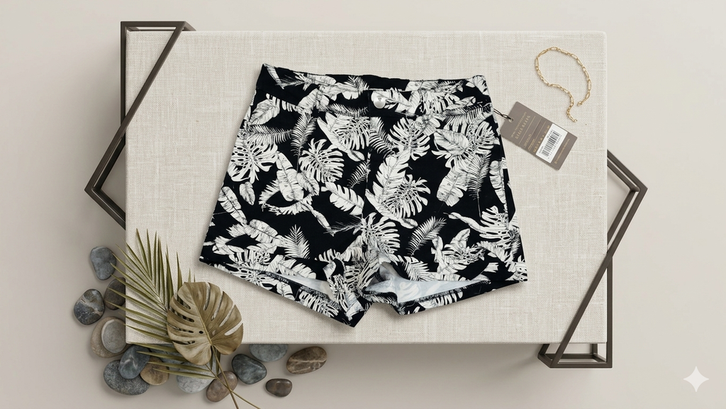 High-Waisted Black & White Leaf Pattern Shorts : Size 32