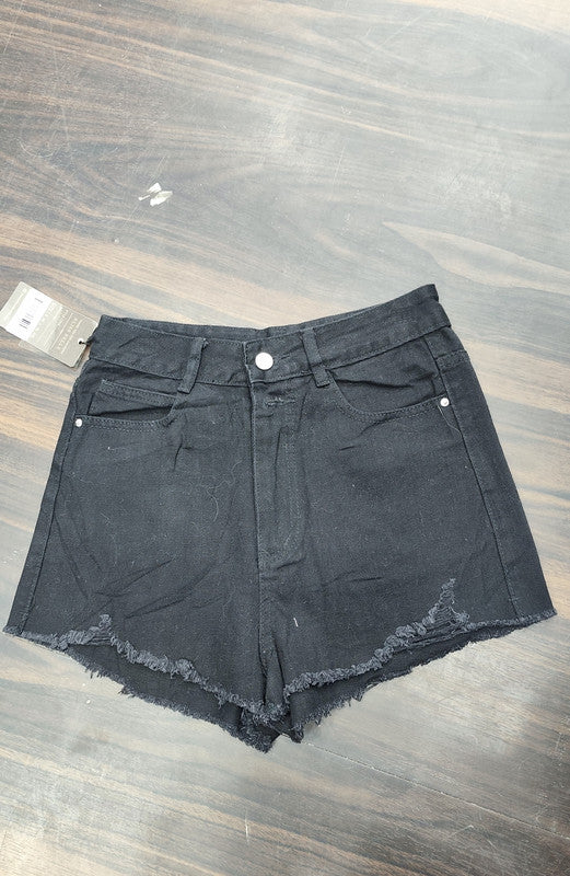 Black High-Rise Distressed Denim Shorts : Size 36