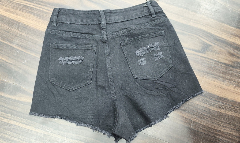 Black High-Rise Distressed Denim Shorts : Size 36