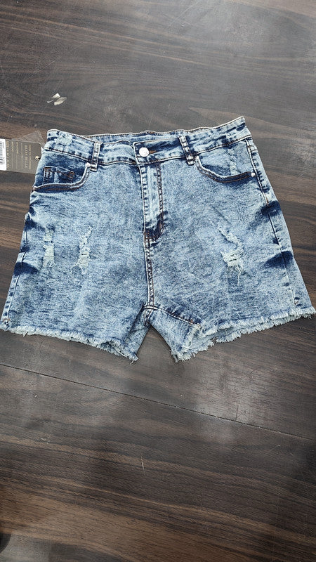 High-Waist Acid Wash Distressed Denim Shorts : Size 34
