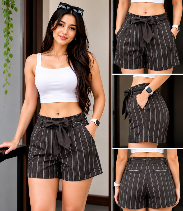 Black and White Pinstripe Belted Culottes : Size 32