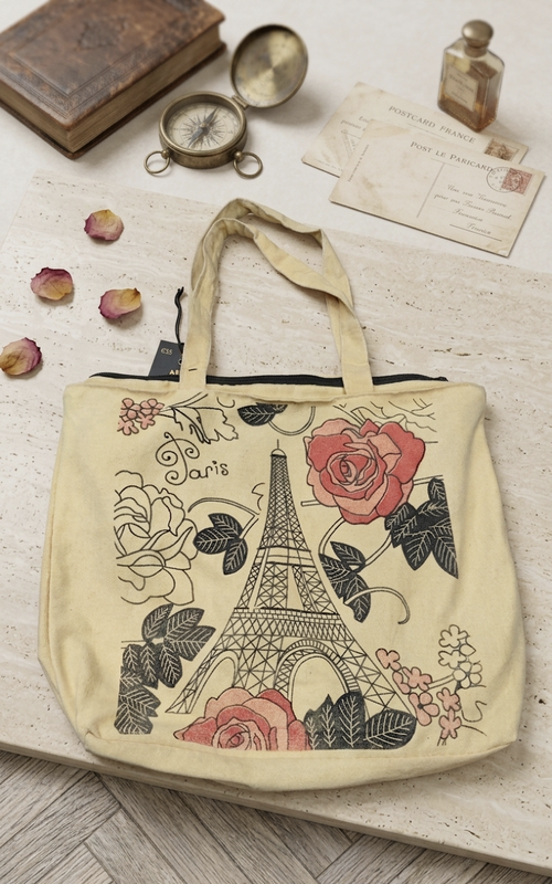 Parisian Floral Canvas Tote Bag – Vintage Eiffel Tower Eco-Friendly Shoulder Handbag