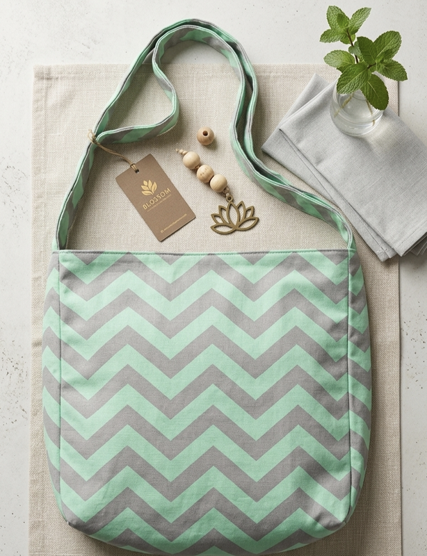 Blossom Crossbody Bag – Aqua & Grey Chevron Cotton Shoulder Bag with Lotus Charm