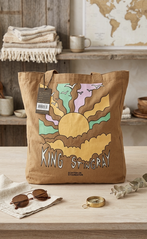 Cotton On Foundation x King Stingray Foundation Canvas Tote Bag – Camel