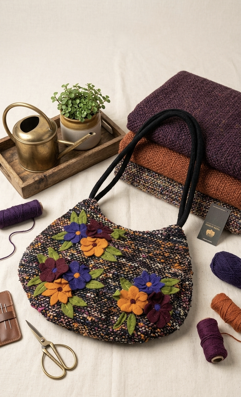 Handmade 3D Floral Appliqué Textured Tote Bag