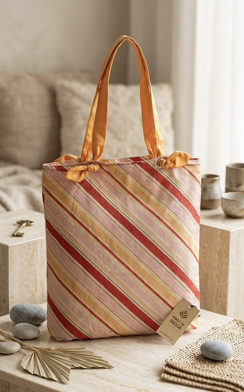 Eco-Friendly Handcrafted Cotton Tote Bag – Multi-Stripe Pattern with Soft Ribbon Handles