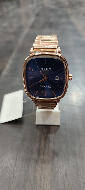 FIXEN Men's Vintage Square Quartz Watch – Blue Dial with Rose Gold Stainless Steel Link Bracelet