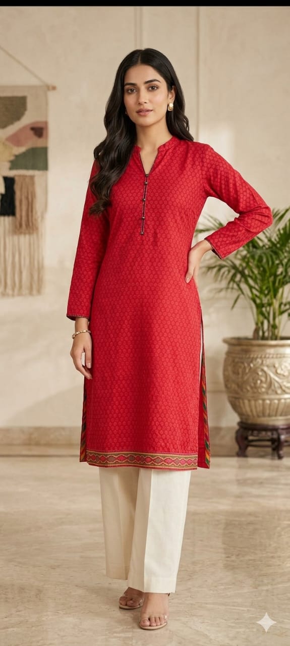 Red Floral/Geometric Printed Straight Kurti - Cotton - Size: XS