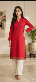 Red Floral/Geometric Printed Straight Kurti - Cotton - Size: XS