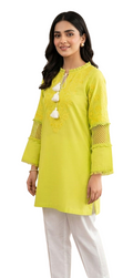 Embroidered Lime Green Cotton Tunic with Cutwork Detailing Kurti - Cotton - Size: S