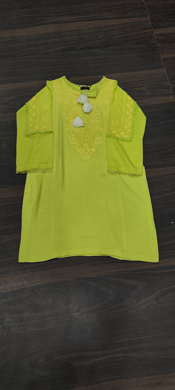 Embroidered Lime Green Cotton Tunic with Cutwork Detailing Kurti - Cotton - Size: S