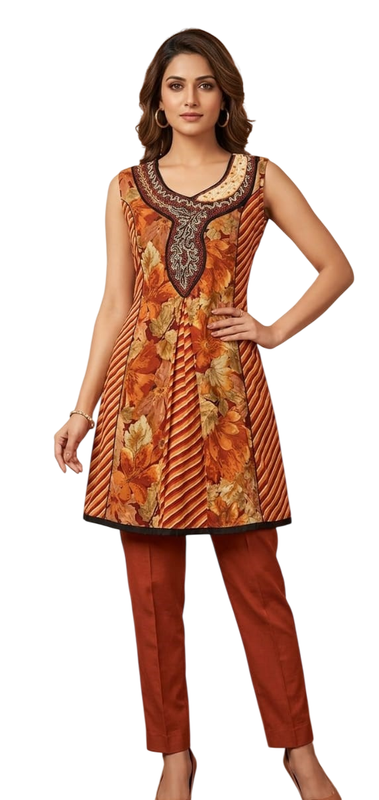 Floral and Striped Sleeveless Tunic Kurti - Cotton - Size: XXS