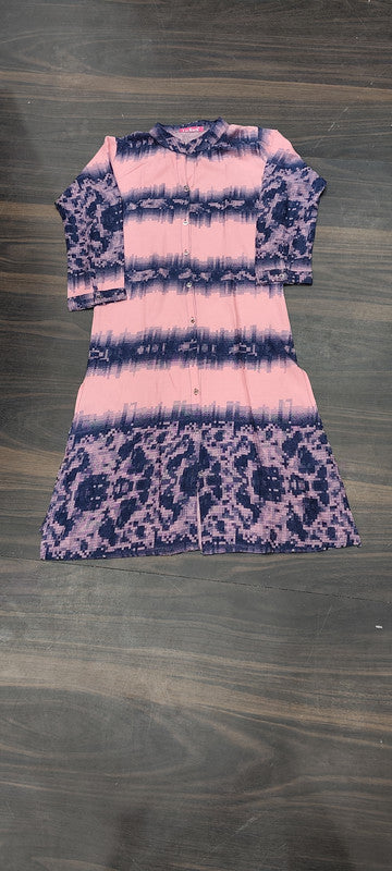 Elegant Pink & Navy Printed A-Line Kurta - Cotton - Size: XS