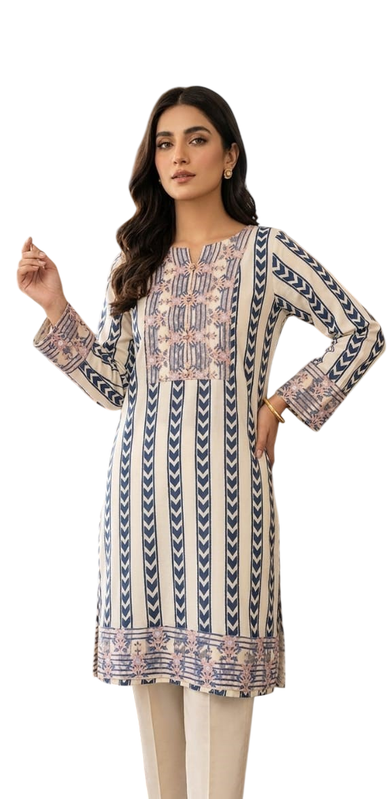 Classic Off-White & Navy Blue Striped Pure Cotton Straight Kurti with Ethnic Border Accents - Cotton - Size: XXS