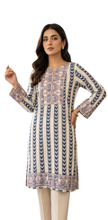 Classic Off-White & Navy Blue Striped Pure Cotton Straight Kurti with Ethnic Border Accents - Cotton - Size: XXS