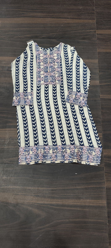 Classic Off-White & Navy Blue Striped Pure Cotton Straight Kurti with Ethnic Border Accents - Cotton - Size: XXS