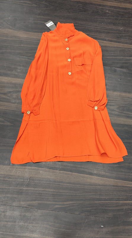 Women's Vibrant Orange Solid Cotton Kurti with Mandarin Collar & Chest Pocket - Cotton - Size: M