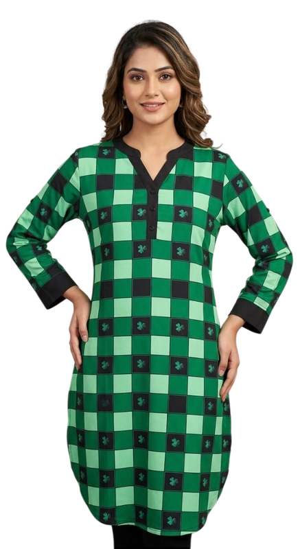 Green & Black Checked Cotton Kurti - Cotton - Size: XXL