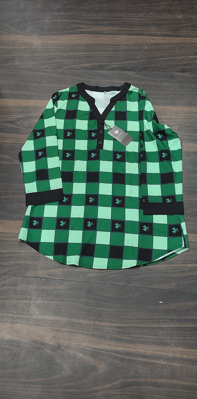 Green & Black Checked Cotton Kurti - Cotton - Size: XXL