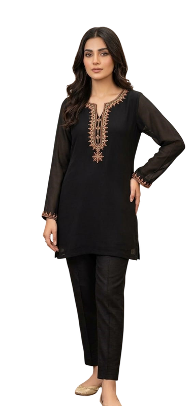 Elegant Black Tilla Embroidered Cotton Kurti - Cotton - Size: M