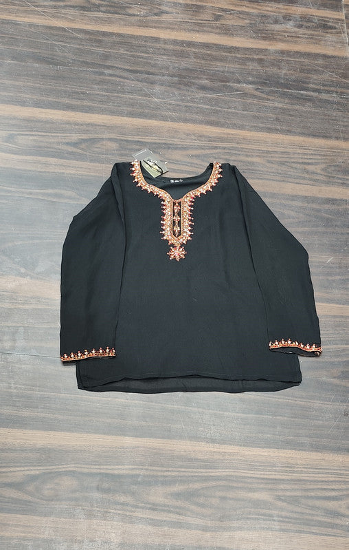 Elegant Black Tilla Embroidered Cotton Kurti - Cotton - Size: M