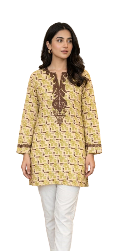 Yellow Printed Cotton Short Kurti - Cotton - Size: 3XL