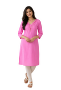 Pink Cotton Embroidered Straight Kurta for Women - Cotton - Size: XL