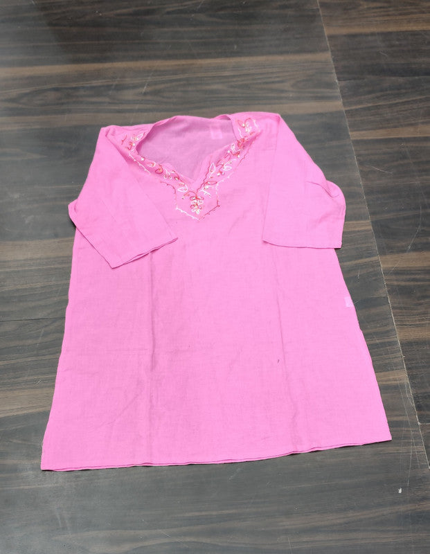 Pink Cotton Embroidered Straight Kurta for Women - Cotton - Size: XL