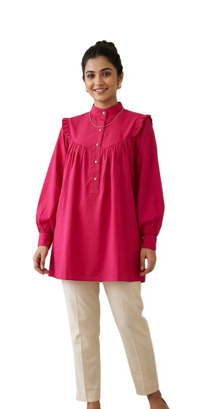 Vibrant Fuchsia Ruffle-Detail Cotton Tunic - Cotton - Size: XXL