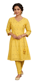 Vibrant Yellow Angrakha Style Embroidered Cotton Kurti with Side Dori Tassels - Cotton - Size: XXS