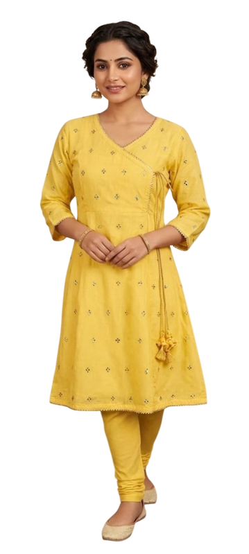 Vibrant Yellow Angrakha Style Embroidered Cotton Kurti with Side Dori Tassels - Cotton - Size: XXS