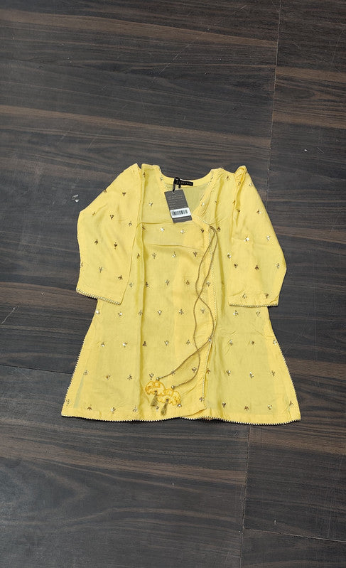 Vibrant Yellow Angrakha Style Embroidered Cotton Kurti with Side Dori Tassels - Cotton - Size: XXS