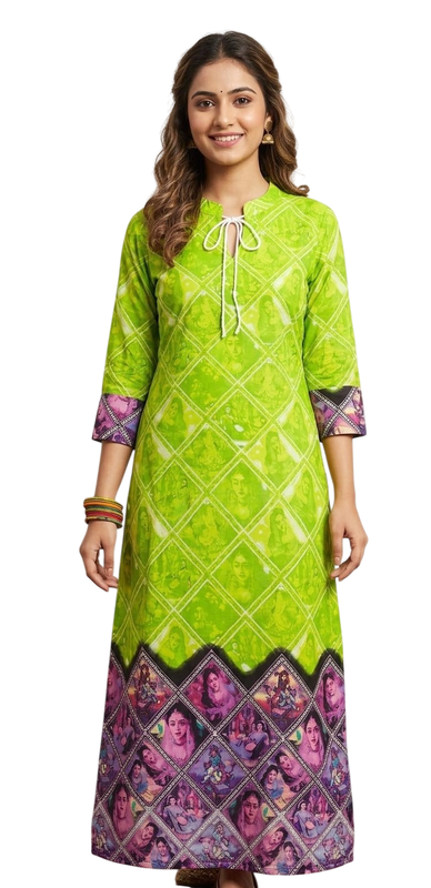 Women's Lime Green Printed Cotton A-Line Kurti with Traditional Border - Cotton - Size: M