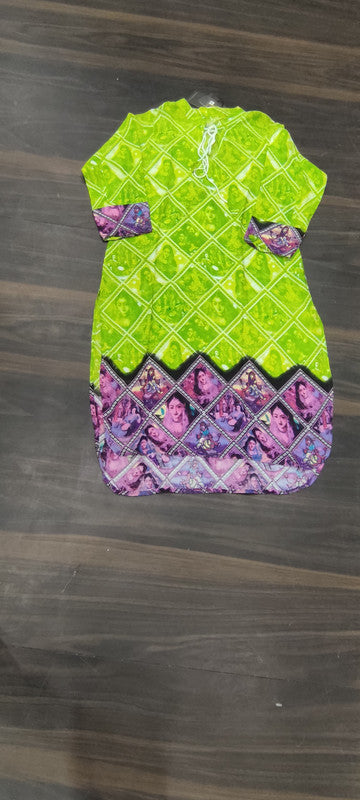Women's Lime Green Printed Cotton A-Line Kurti with Traditional Border - Cotton - Size: M