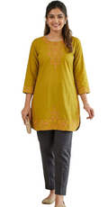 Mustard Yellow Embroidered Cotton Kurti - Cotton - Size: S