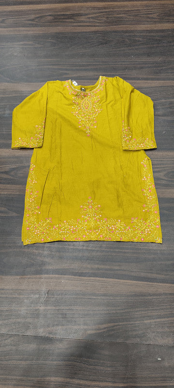 Mustard Yellow Embroidered Cotton Kurti - Cotton - Size: S