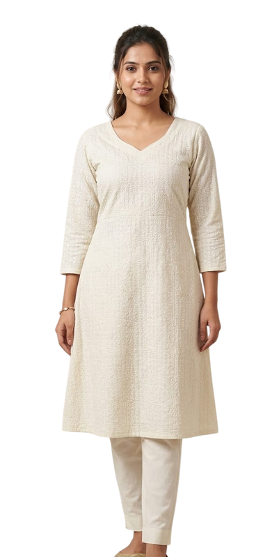 Women's Off-White Self-Embroidered Pure Cotton V-Neck A-Line Kurti - Cotton - Size: L