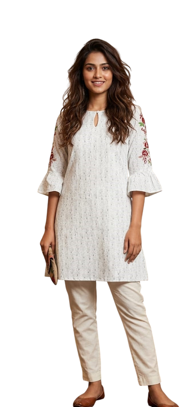 Women's Off-White Floral Embroidered Cotton Kurti - Cotton - Size: S