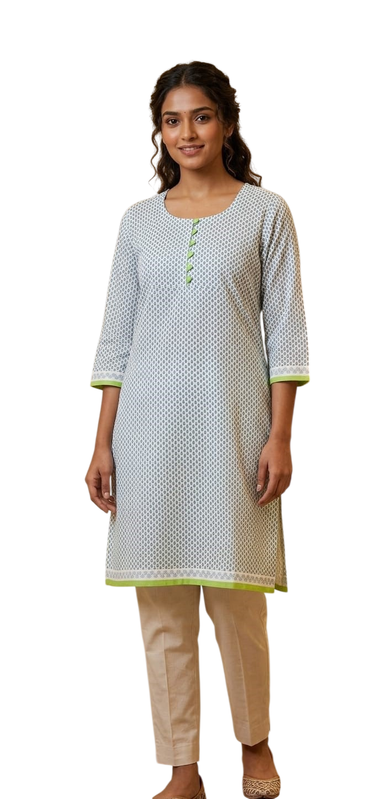 White and Green Cotton Block Printed Straight Kurta - Cotton - Size:  4XL