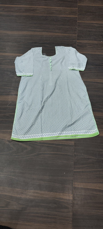 White and Green Cotton Block Printed Straight Kurta - Cotton - Size:  4XL