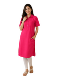 Vibrant Red Solid Cotton Shirt Dress - Cotton - Size: XL