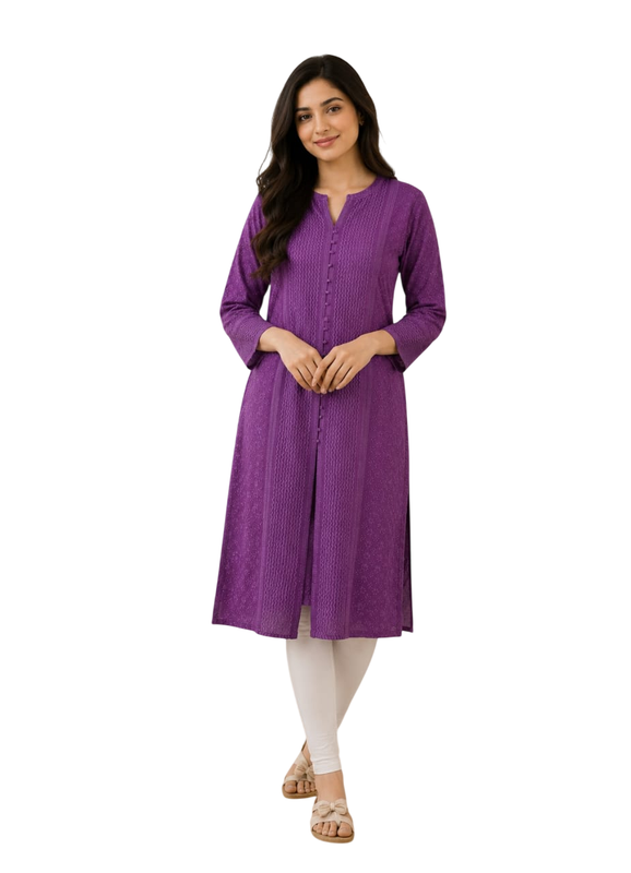 Elegant Purple Pintuck Cotton Straight Kurti - Cotton - Size: S