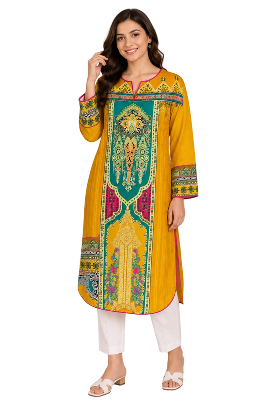 Mustard Yellow Digital Printed Cotton Straight Kurti with Ethnic Yoke - Cotton - Size: XS