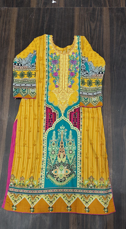 Mustard Yellow Digital Printed Cotton Straight Kurti with Ethnic Yoke - Cotton - Size: XS