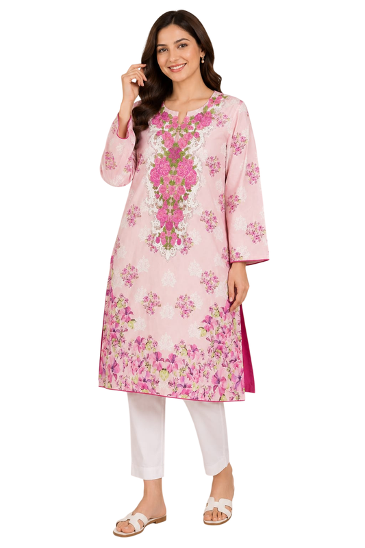 Pink Floral Printed Cotton Straight Kurta for Women - Cotton - Size: M