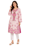 Pink Floral Printed Cotton Straight Kurta for Women - Cotton - Size: M