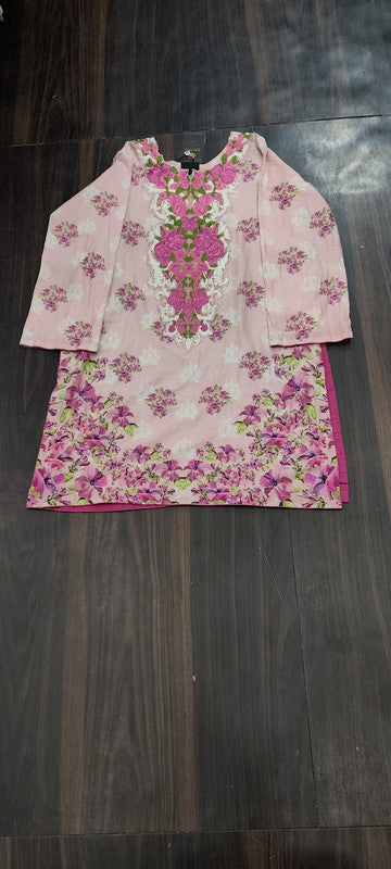 Pink Floral Printed Cotton Straight Kurta for Women - Cotton - Size: M